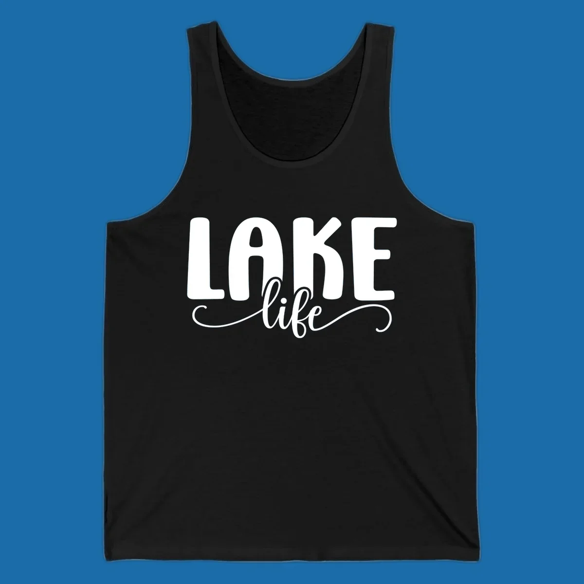 White typography design with 'LAKE' in bold block letters and 'life' in script, representing lake life.
