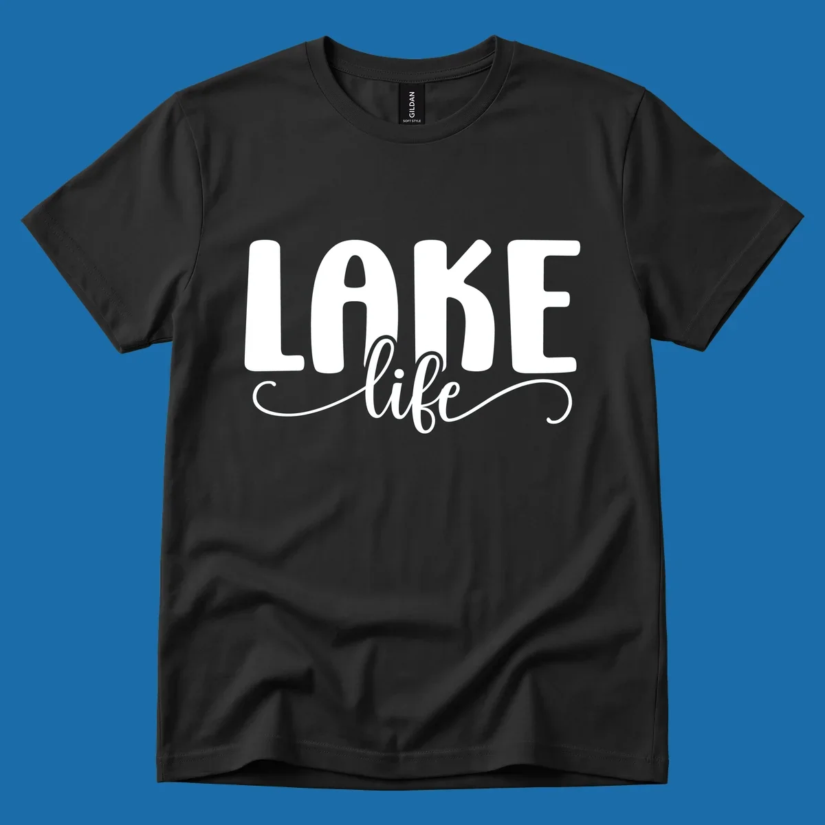 White typography design with 'LAKE' in bold block letters and 'life' in script, representing lake life.