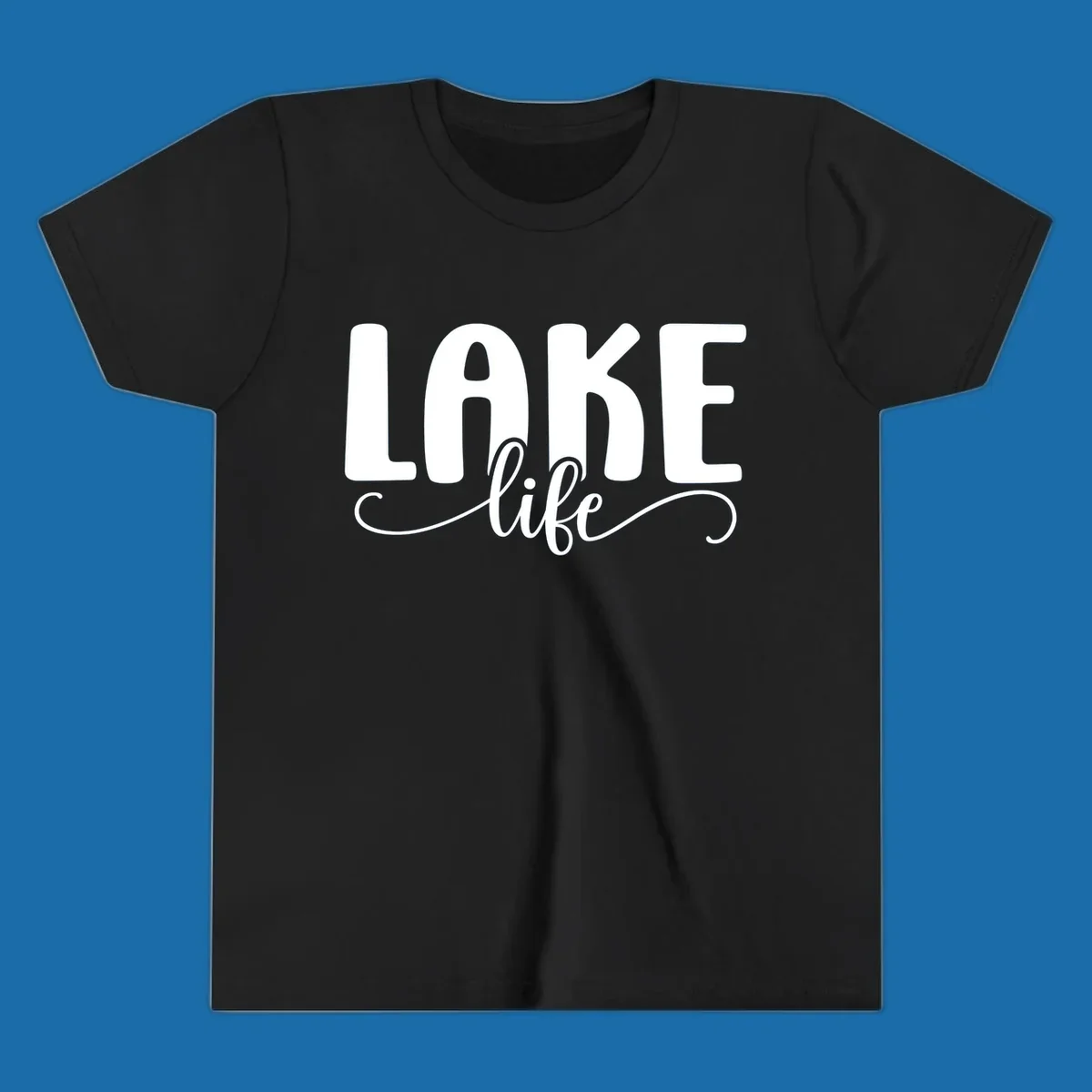 White typography design with 'LAKE' in bold block letters and 'life' in script, representing lake life.