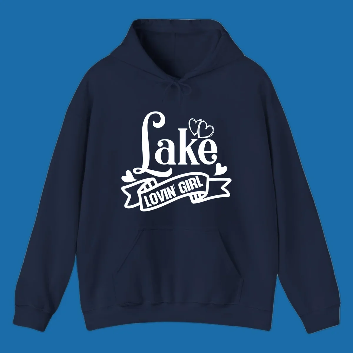 Lake Lovin' Girl lifestyle design with script 'Lake' and banner 'LOVIN' GIRL' with hearts.