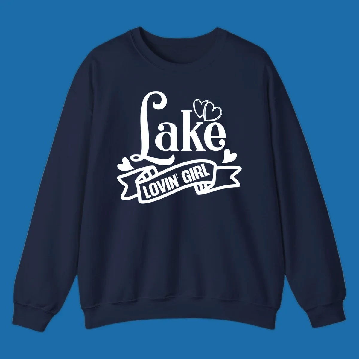 Lake Lovin' Girl lifestyle design with script 'Lake' and banner 'LOVIN' GIRL' with hearts.