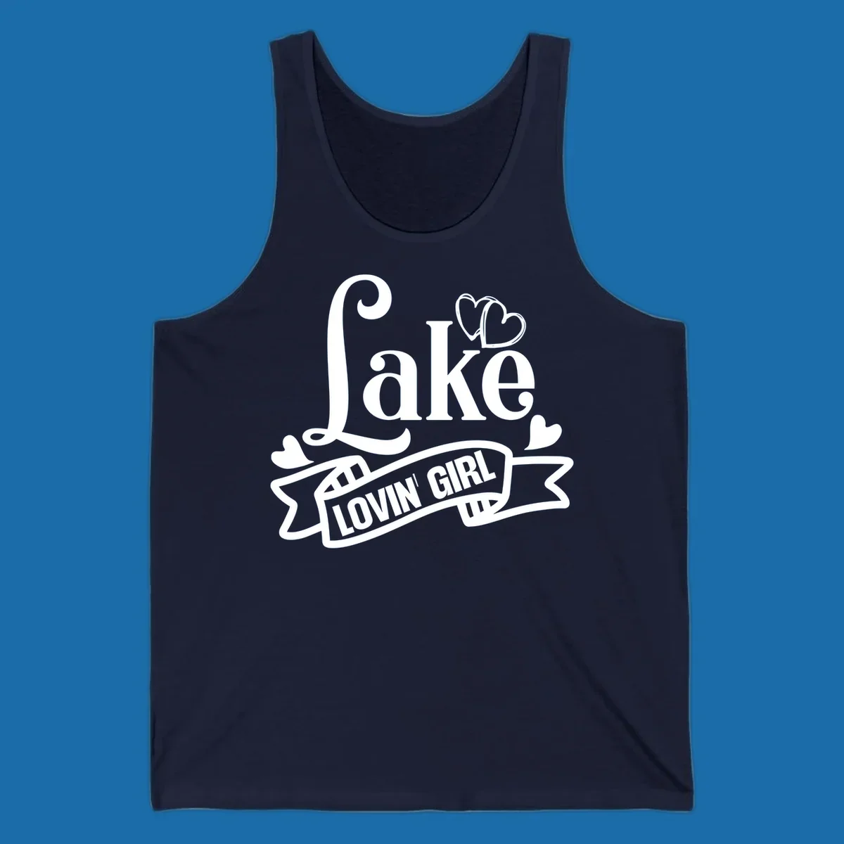 Lake Lovin' Girl lifestyle design with script 'Lake' and banner 'LOVIN' GIRL' with hearts.