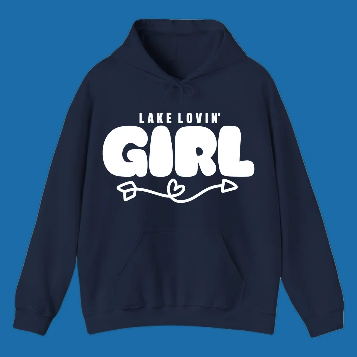 Lake Lovin' Girl text with arrow and heart graphic.