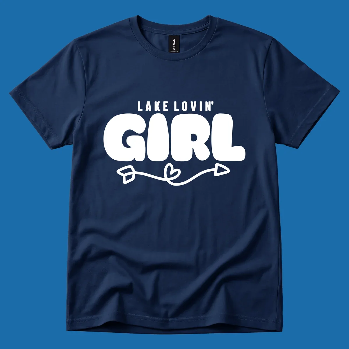 Lake Lovin' Girl text with arrow and heart graphic.