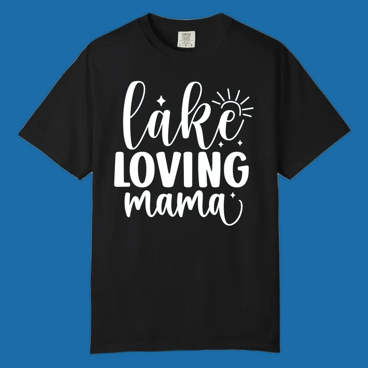 Lake loving mama script design with sun and sparkles.