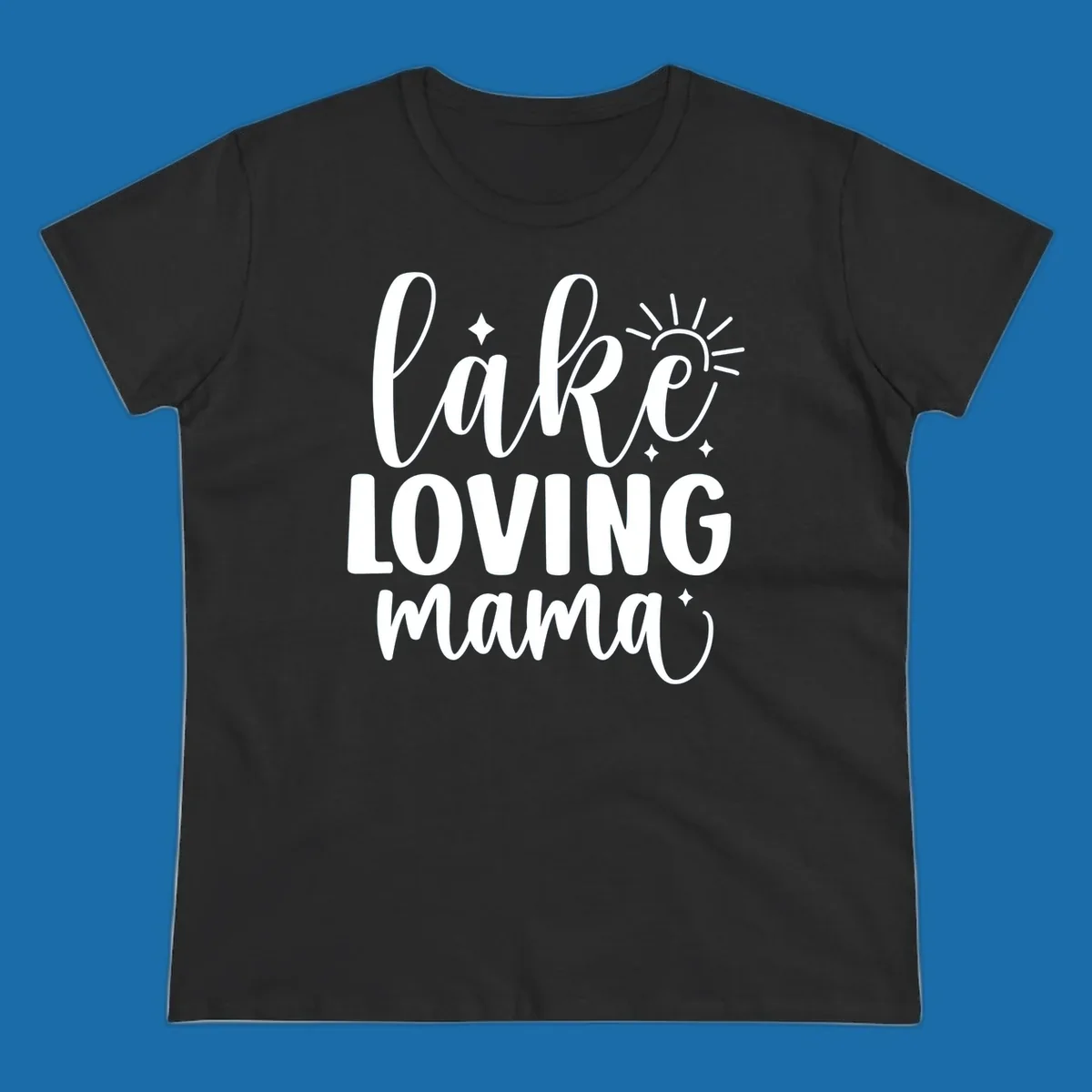 Lake loving mama script design with sun and sparkles.