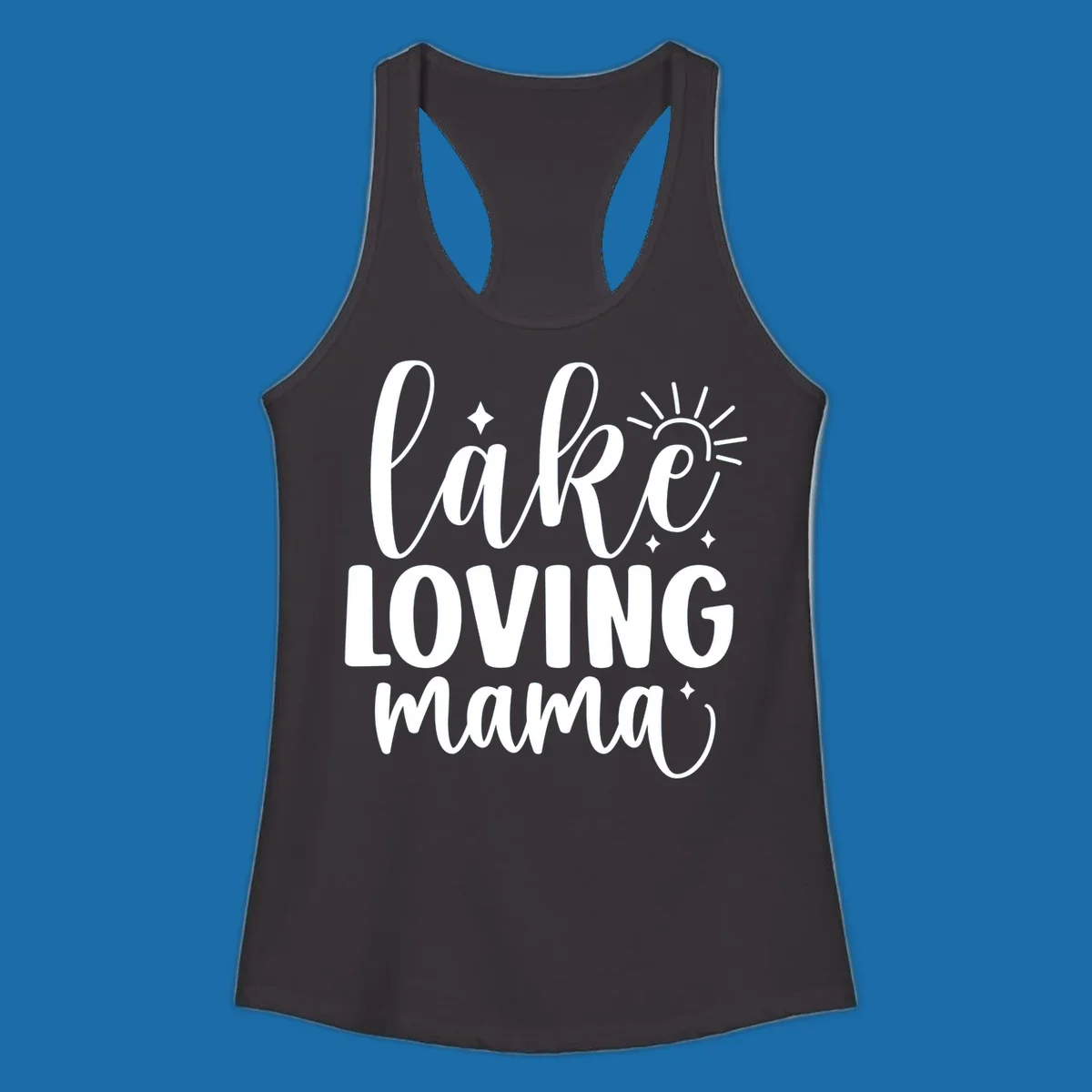 Lake loving mama script design with sun and sparkles.
