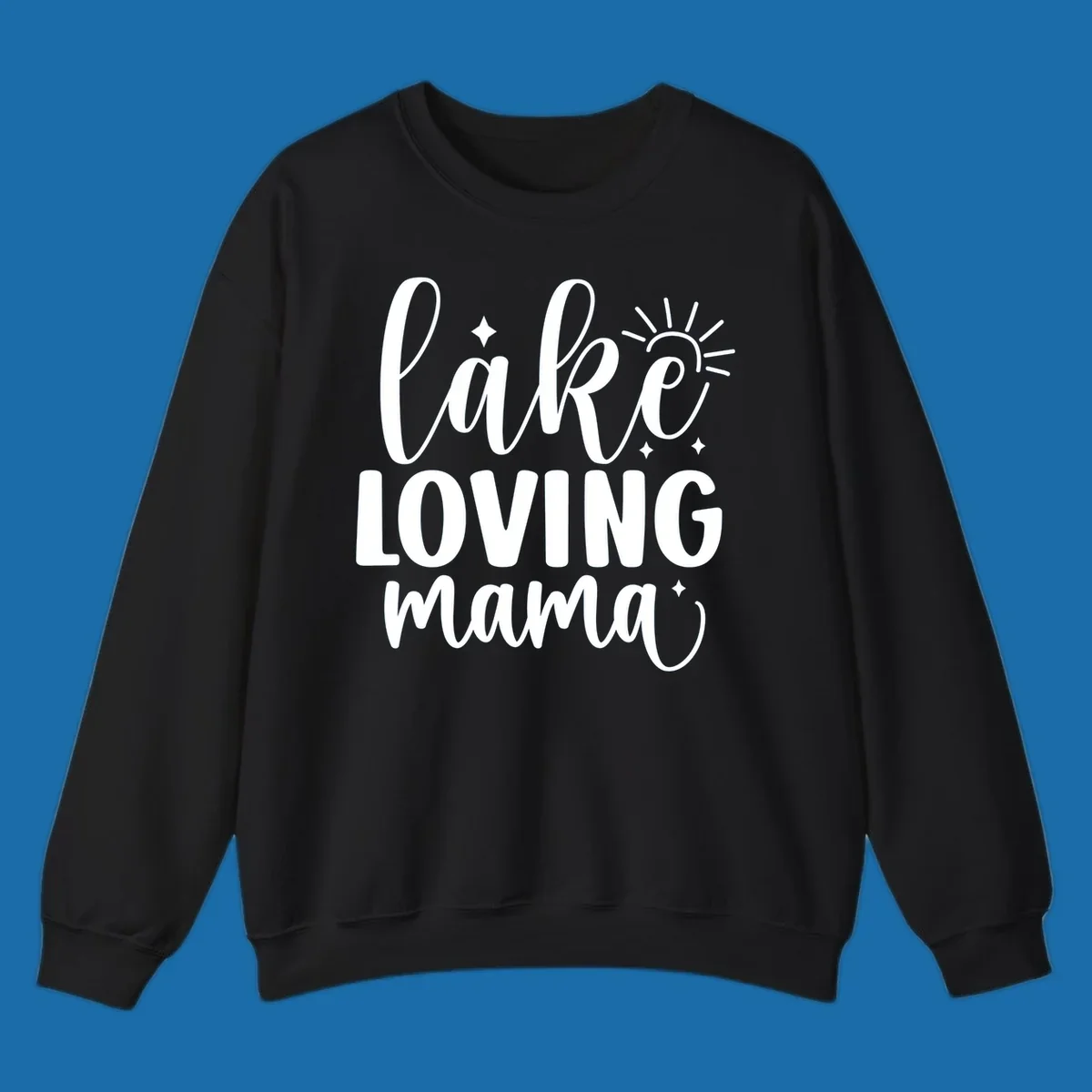 Lake loving mama script design with sun and sparkles.