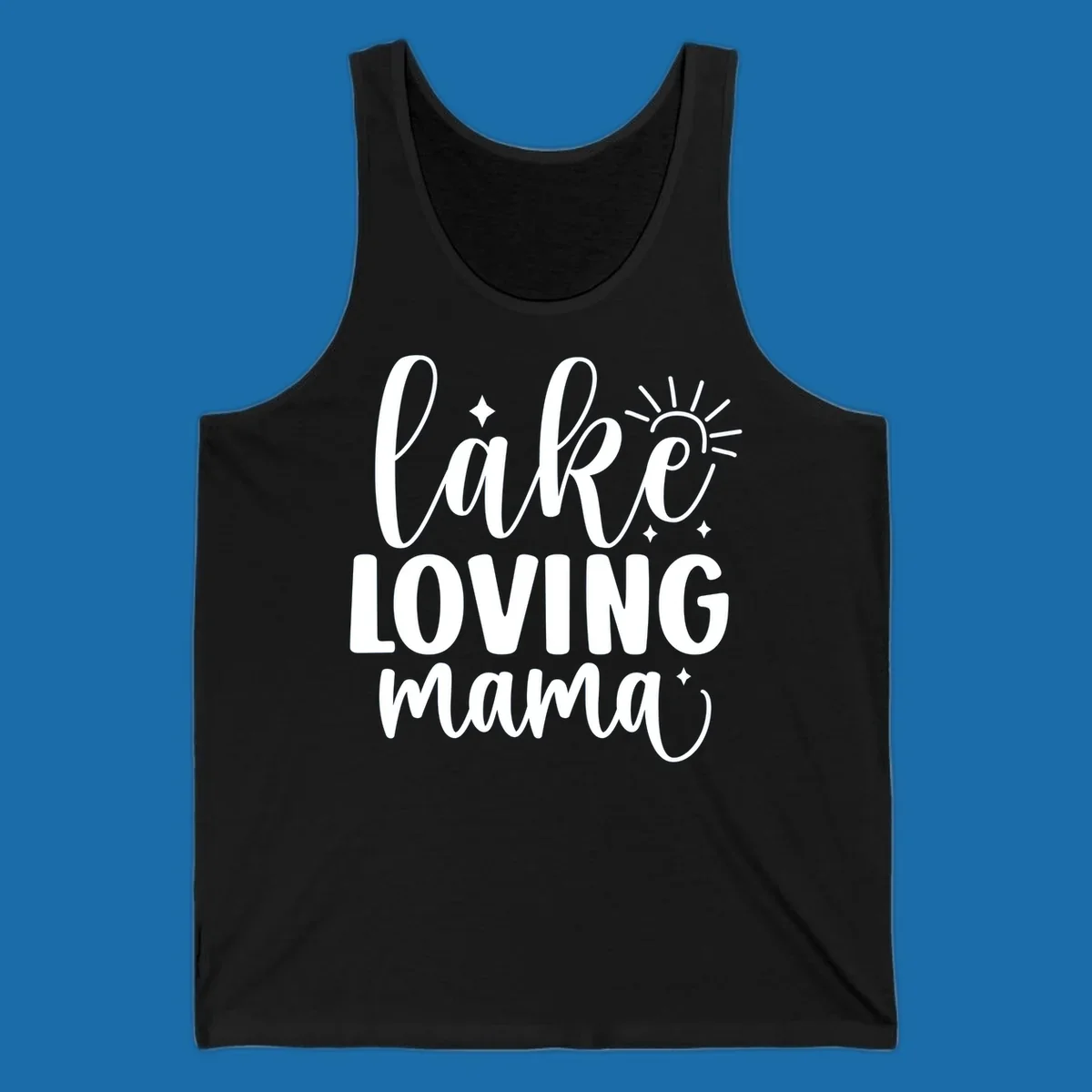 Lake loving mama script design with sun and sparkles.