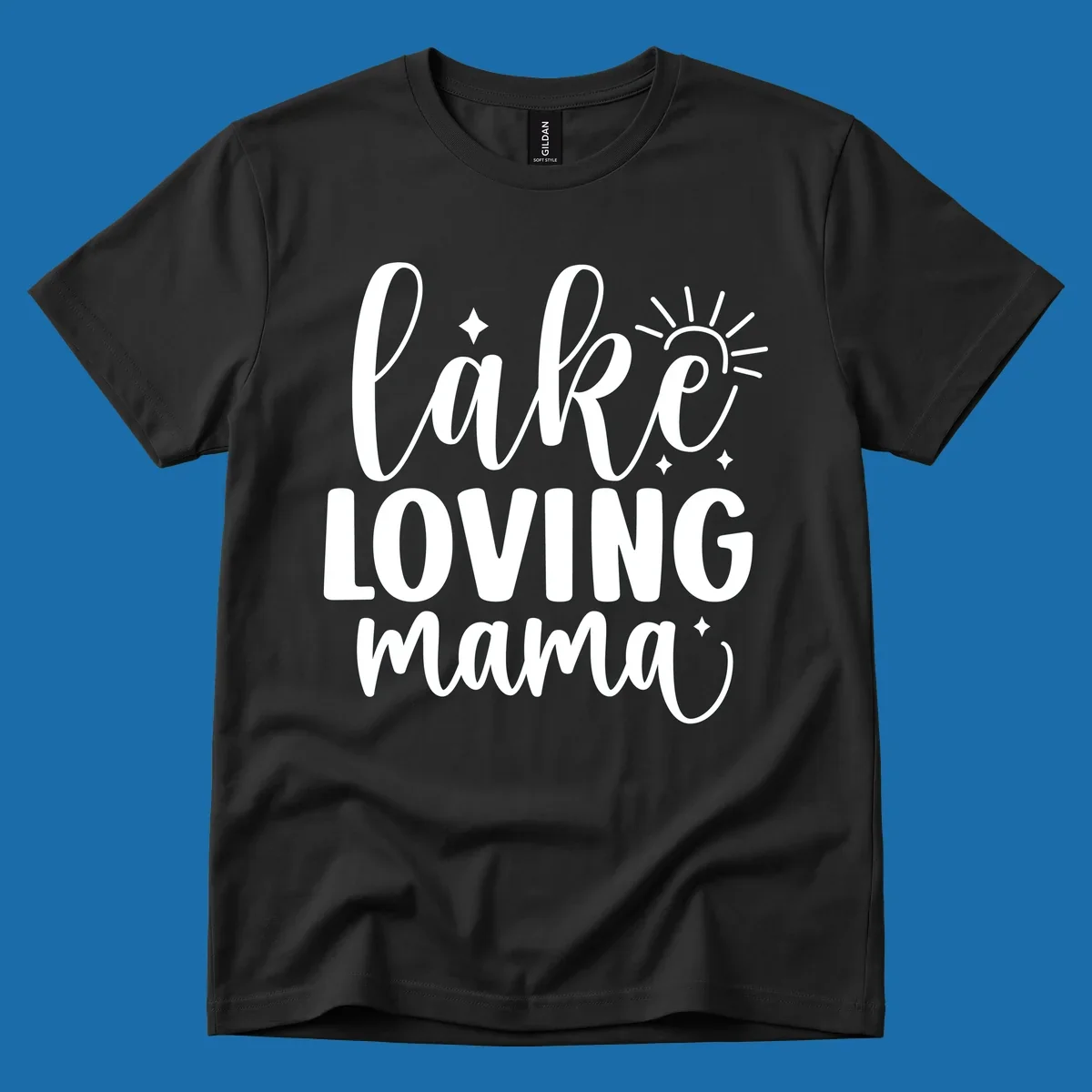Lake loving mama script design with sun and sparkles.