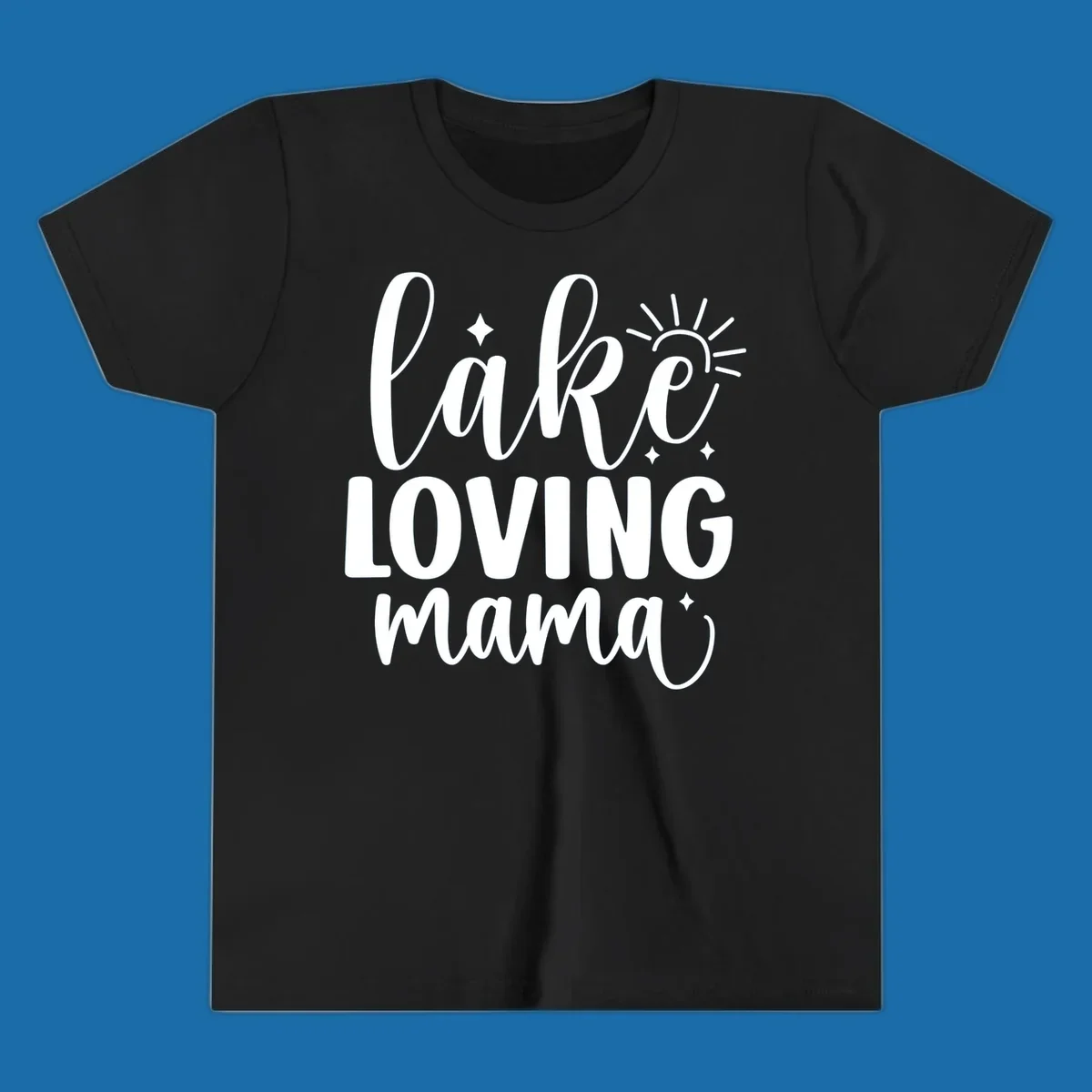 Lake loving mama script design with sun and sparkles.