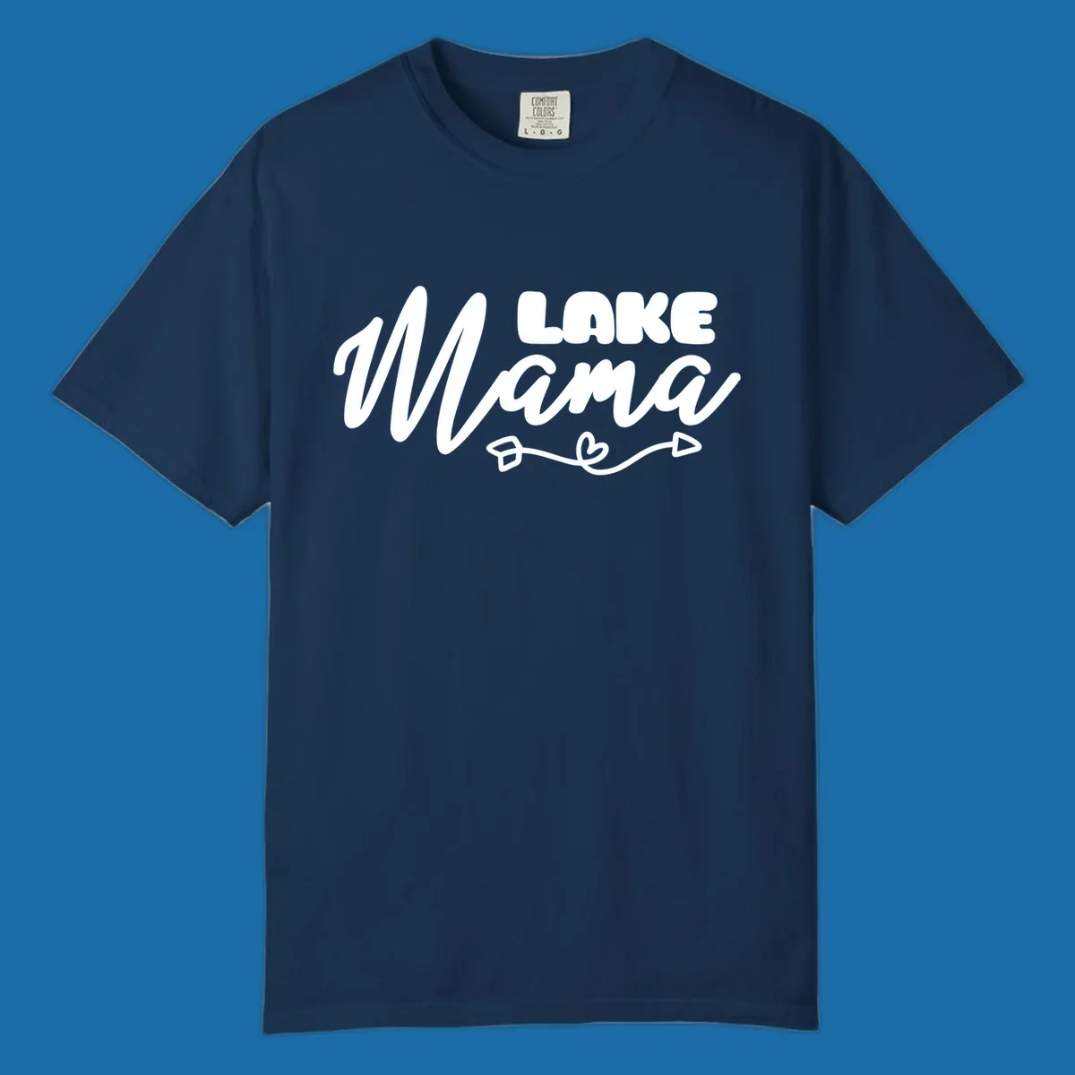 Lake Mama text with arrow and heart graphic, lifestyle design.