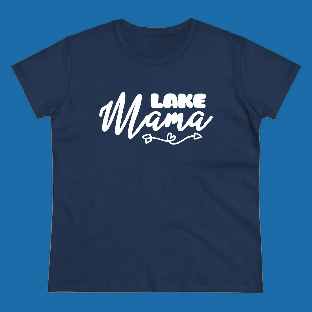 Lake Mama text with arrow and heart graphic, lifestyle design.