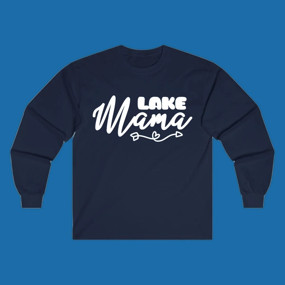 Lake Mama text with arrow and heart graphic, lifestyle design.