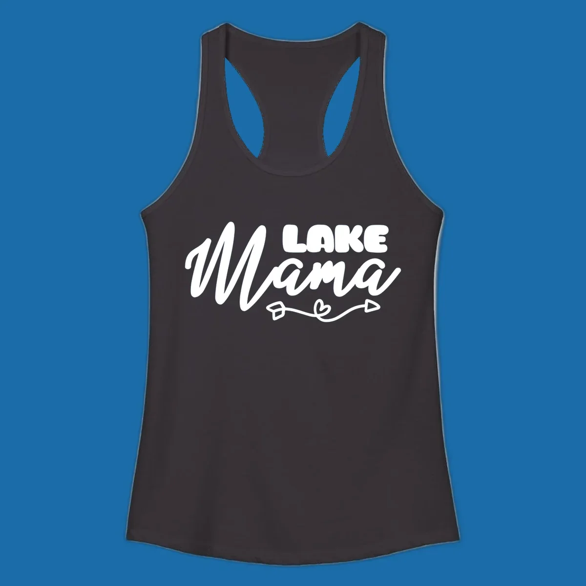 Lake Mama text with arrow and heart graphic, lifestyle design.