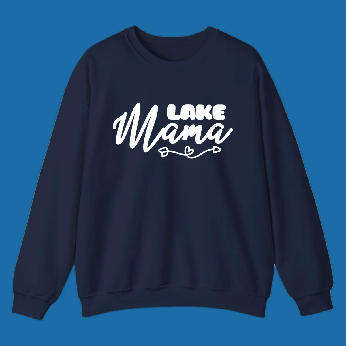 Lake Mama text with arrow and heart graphic, lifestyle design.