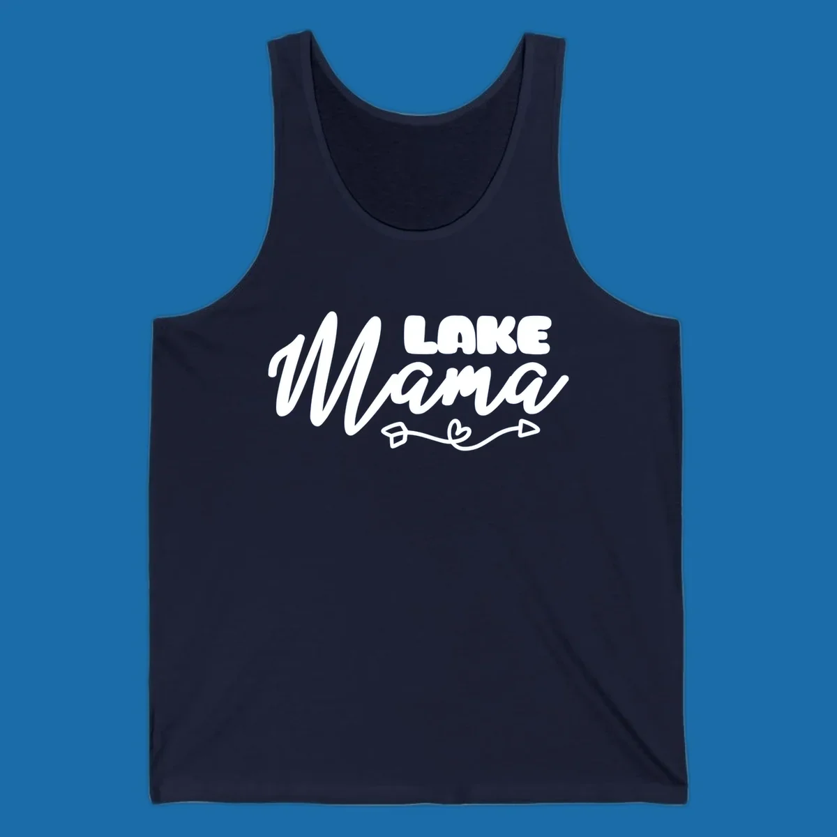Lake Mama text with arrow and heart graphic, lifestyle design.