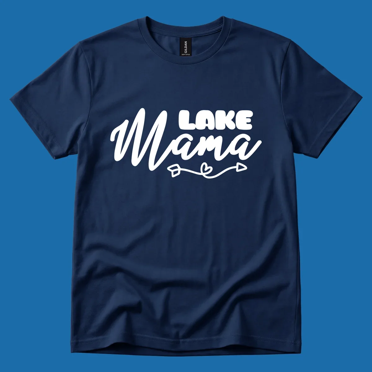 Lake Mama text with arrow and heart graphic, lifestyle design.