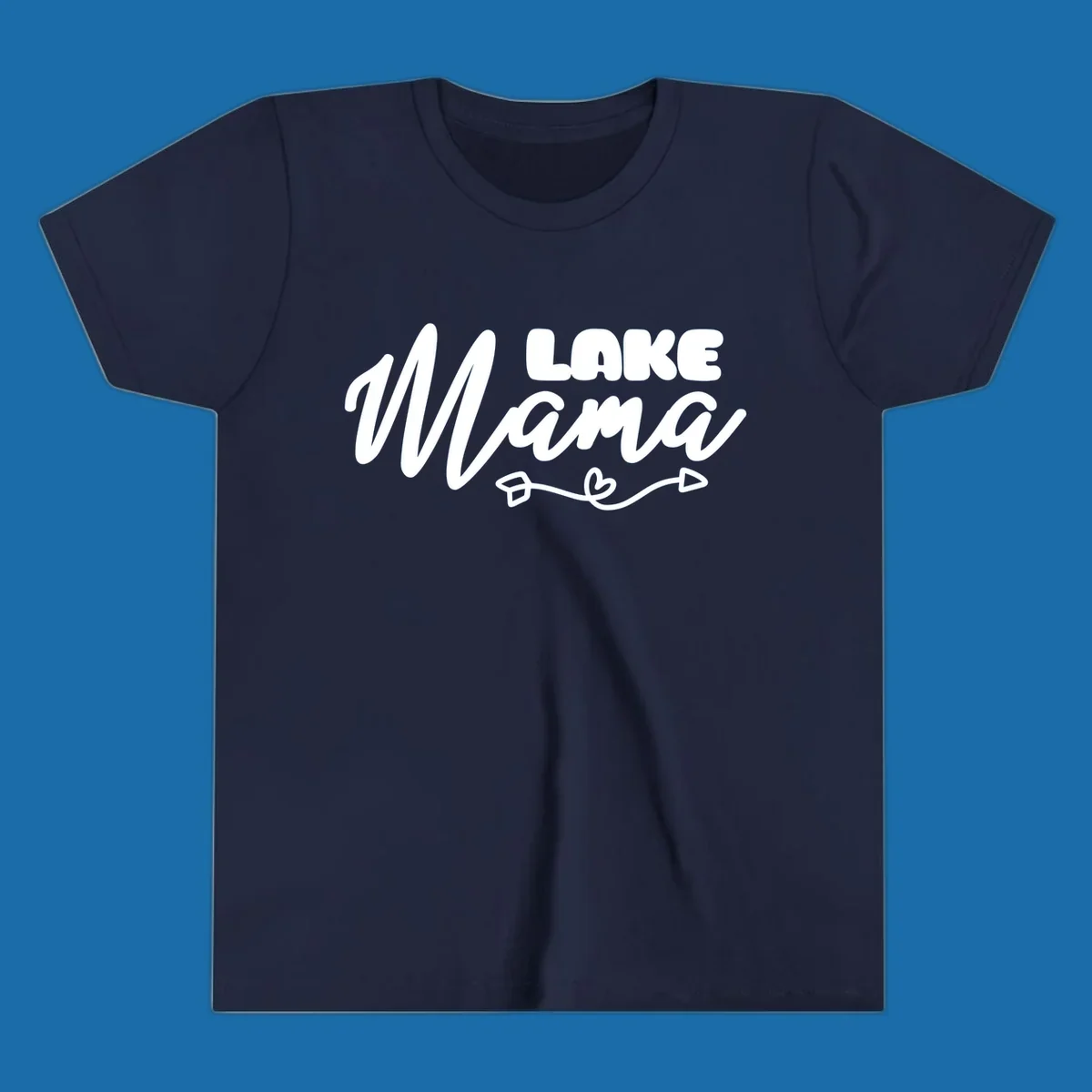 Lake Mama text with arrow and heart graphic, lifestyle design.