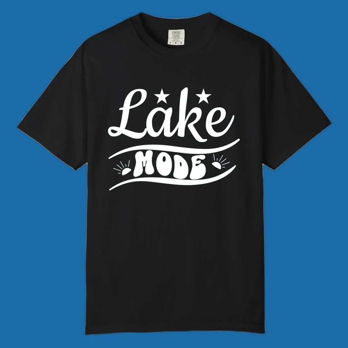 Retro 'Lake Mode' design with stars and sun rays, white on black and black on white.