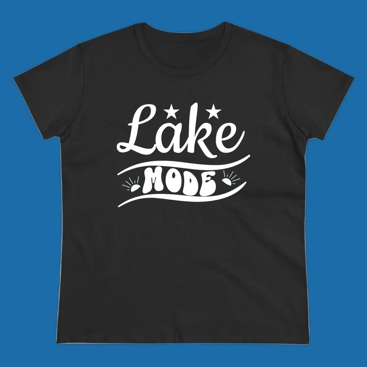 Retro 'Lake Mode' design with stars and sun rays, white on black and black on white.