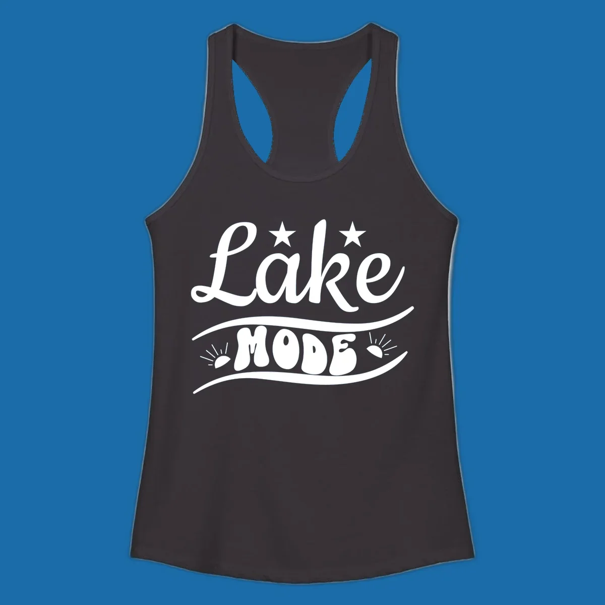 Retro 'Lake Mode' design with stars and sun rays, white on black and black on white.