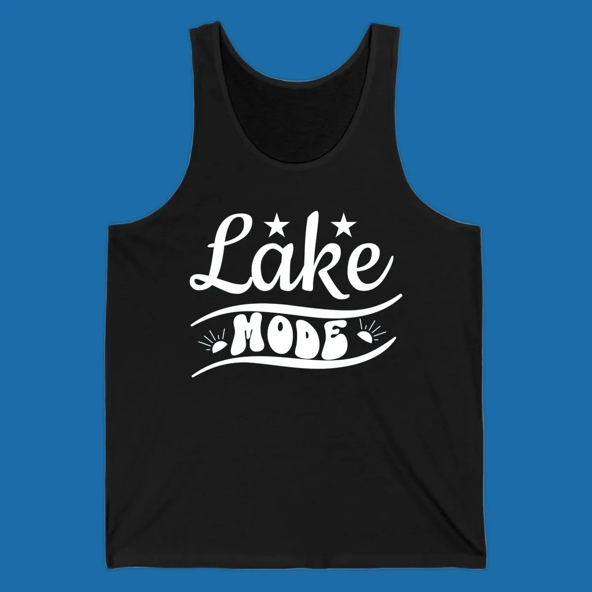 Retro 'Lake Mode' design with stars and sun rays, white on black and black on white.
