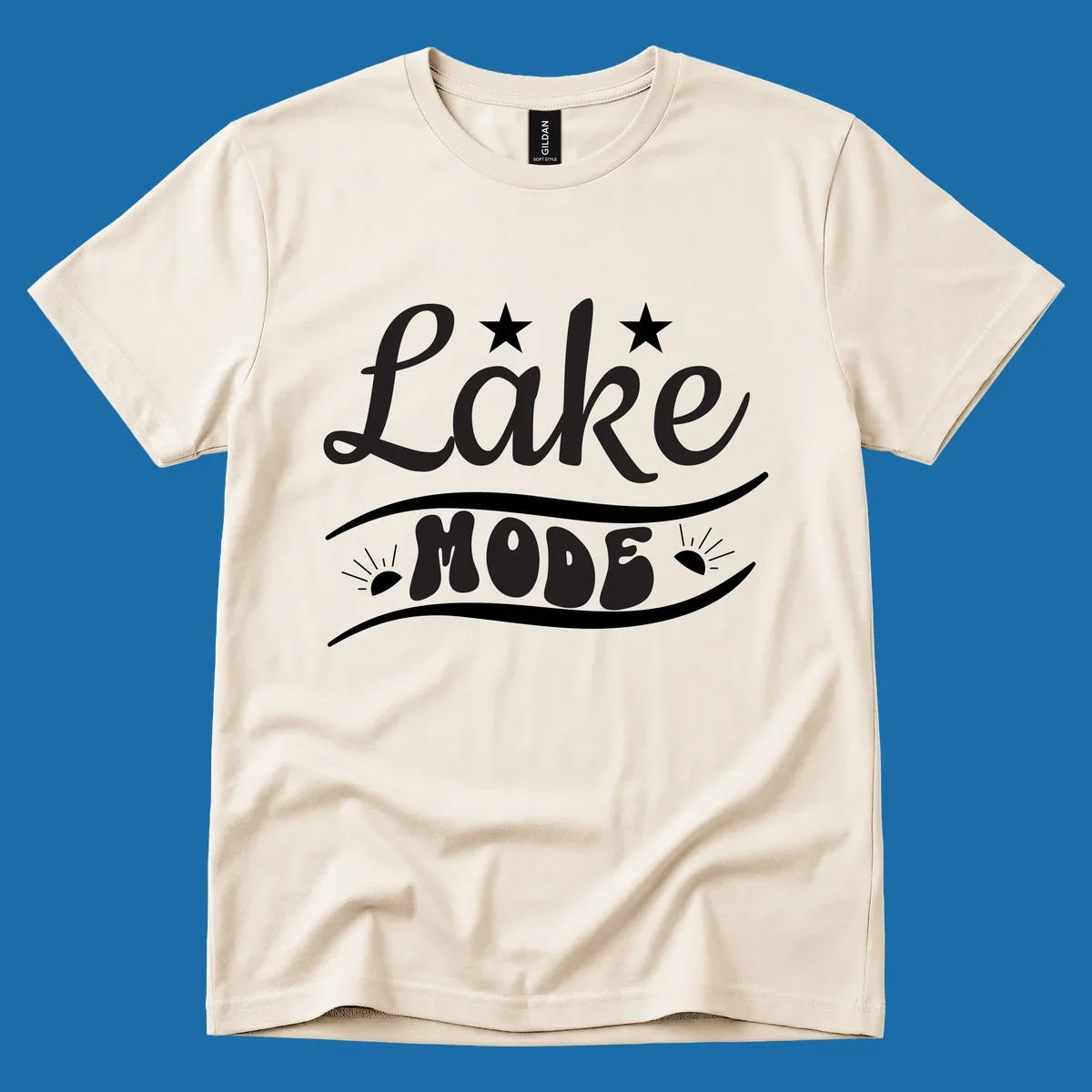 Retro 'Lake Mode' design with stars and sun rays, white on black and black on white.