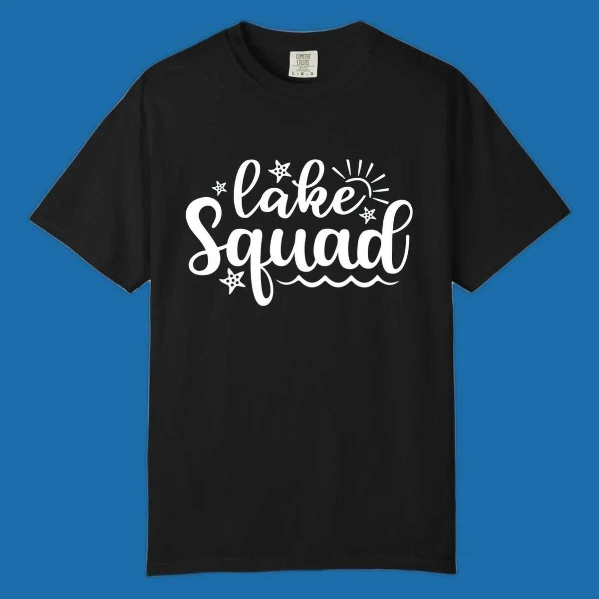 Lake Squad summer vibes text with sun, stars, and waves graphic.