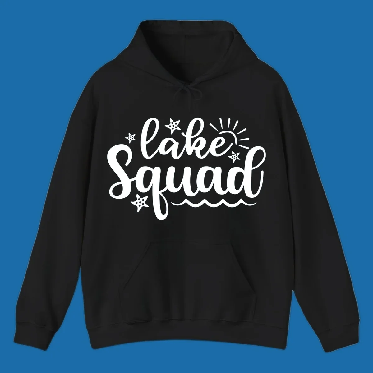 Lake Squad summer vibes text with sun, stars, and waves graphic.