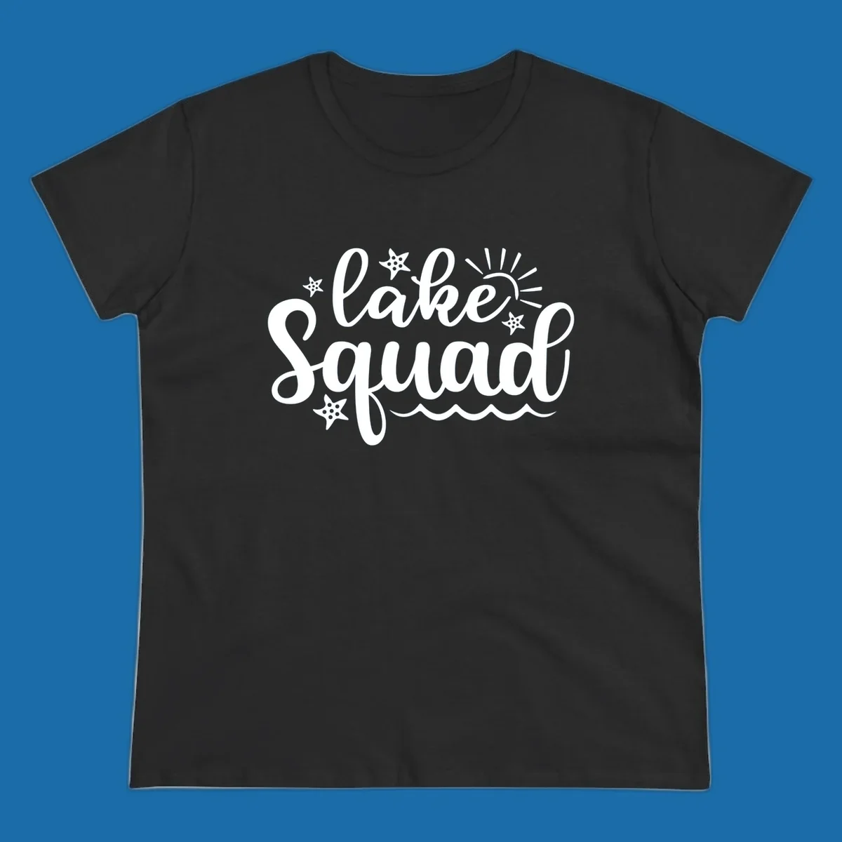 Lake Squad summer vibes text with sun, stars, and waves graphic.