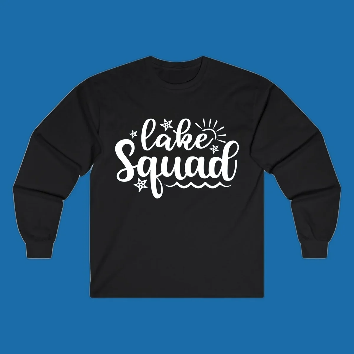 Lake Squad summer vibes text with sun, stars, and waves graphic.