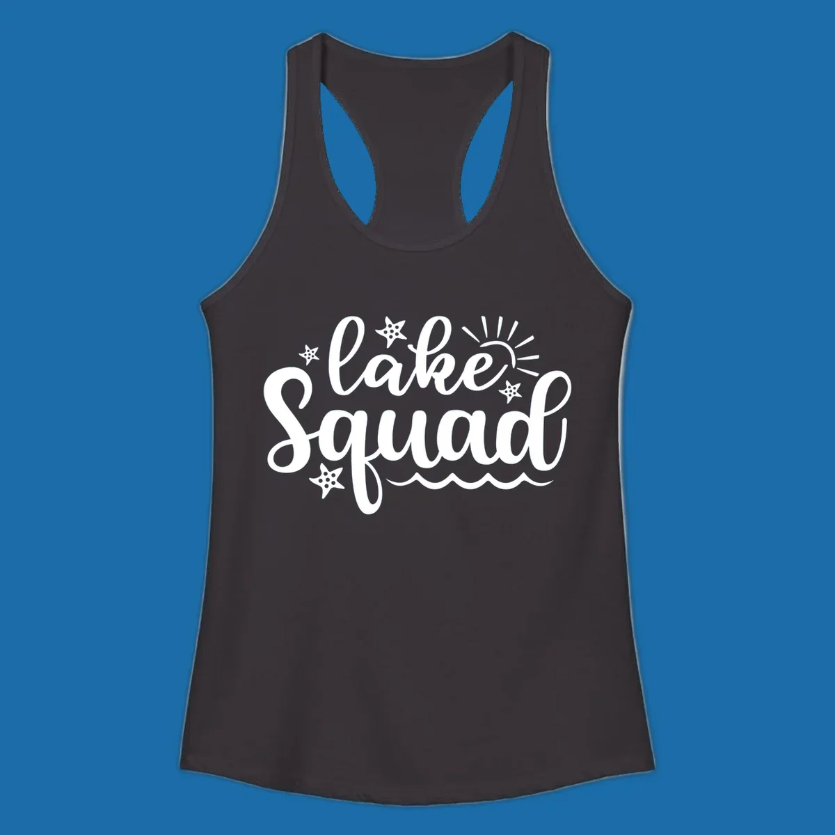 Lake Squad summer vibes text with sun, stars, and waves graphic.