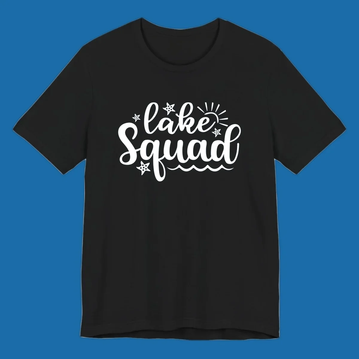 Lake Squad summer vibes text with sun, stars, and waves graphic.