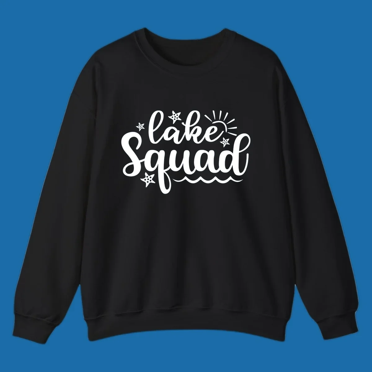Lake Squad summer vibes text with sun, stars, and waves graphic.