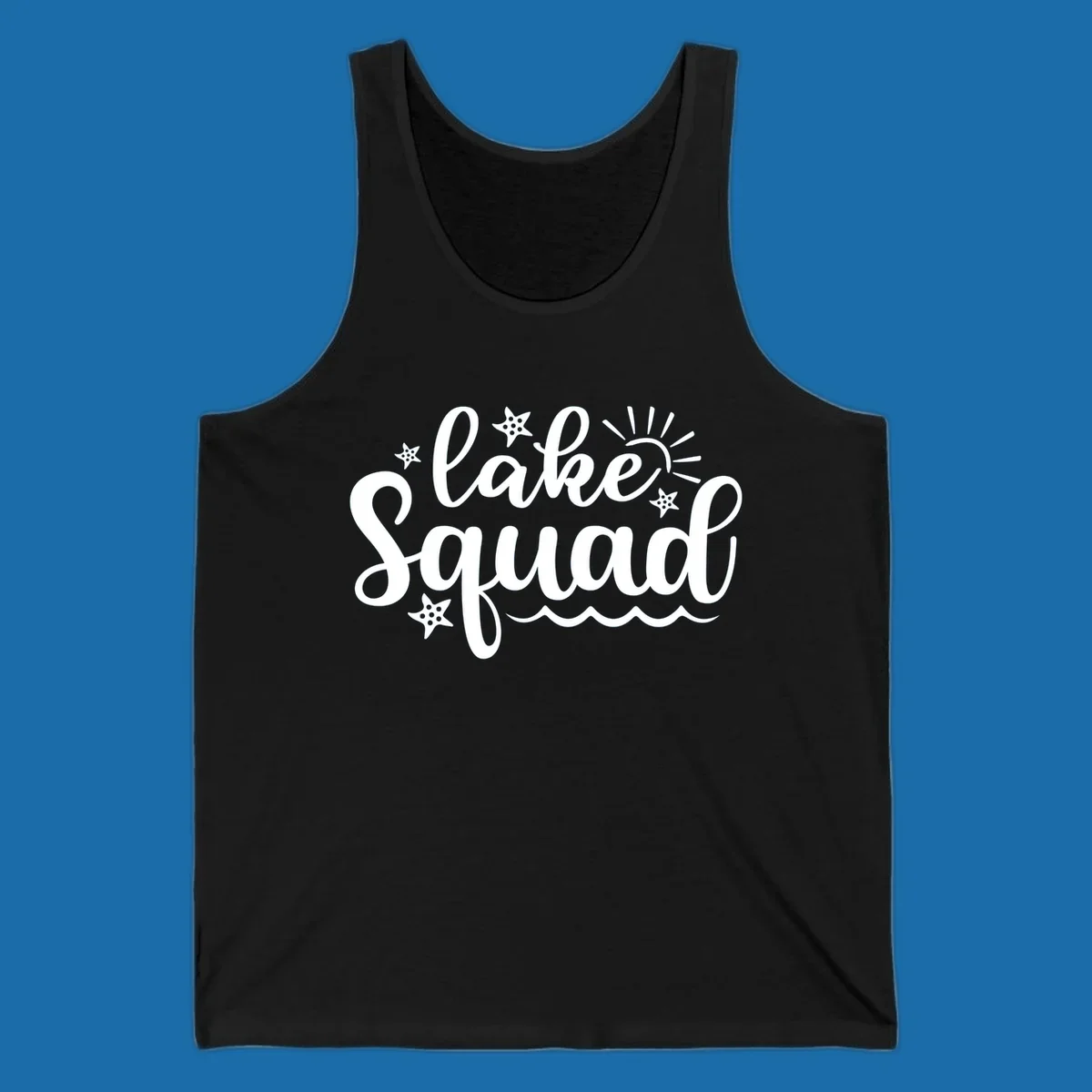 Lake Squad summer vibes text with sun, stars, and waves graphic.