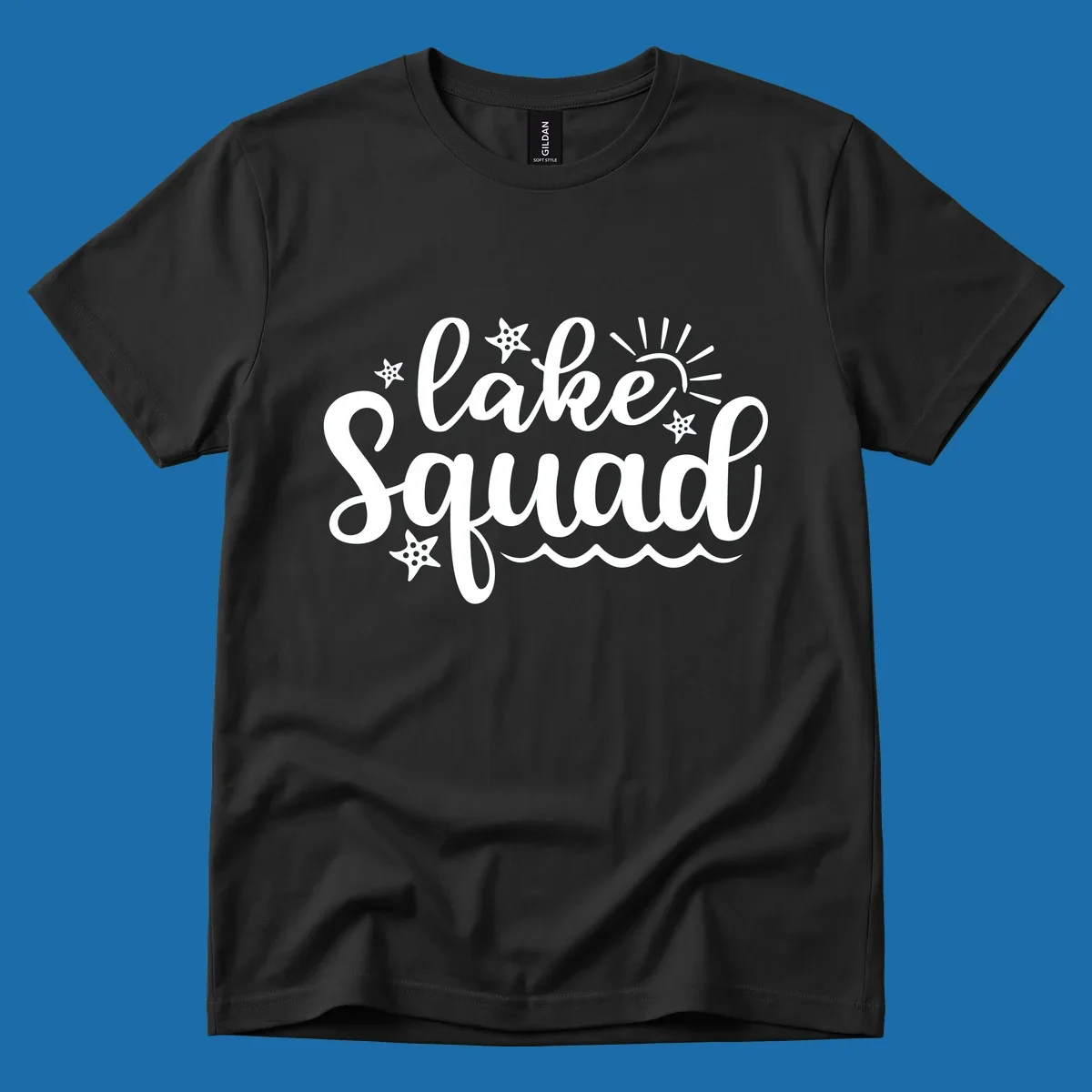 Lake Squad summer vibes text with sun, stars, and waves graphic.