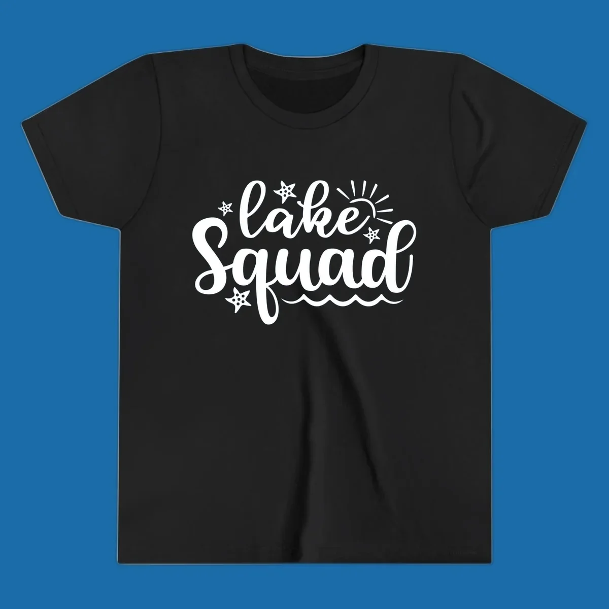 Lake Squad summer vibes text with sun, stars, and waves graphic.