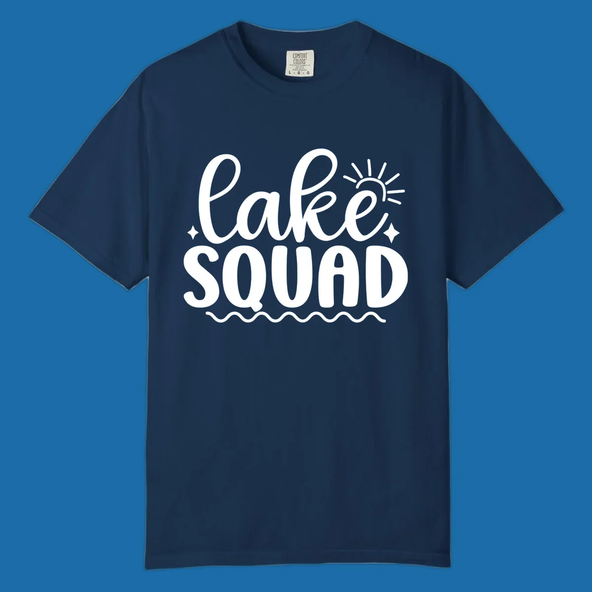 Lake Squad text with sun and stars, white on black and black on white.