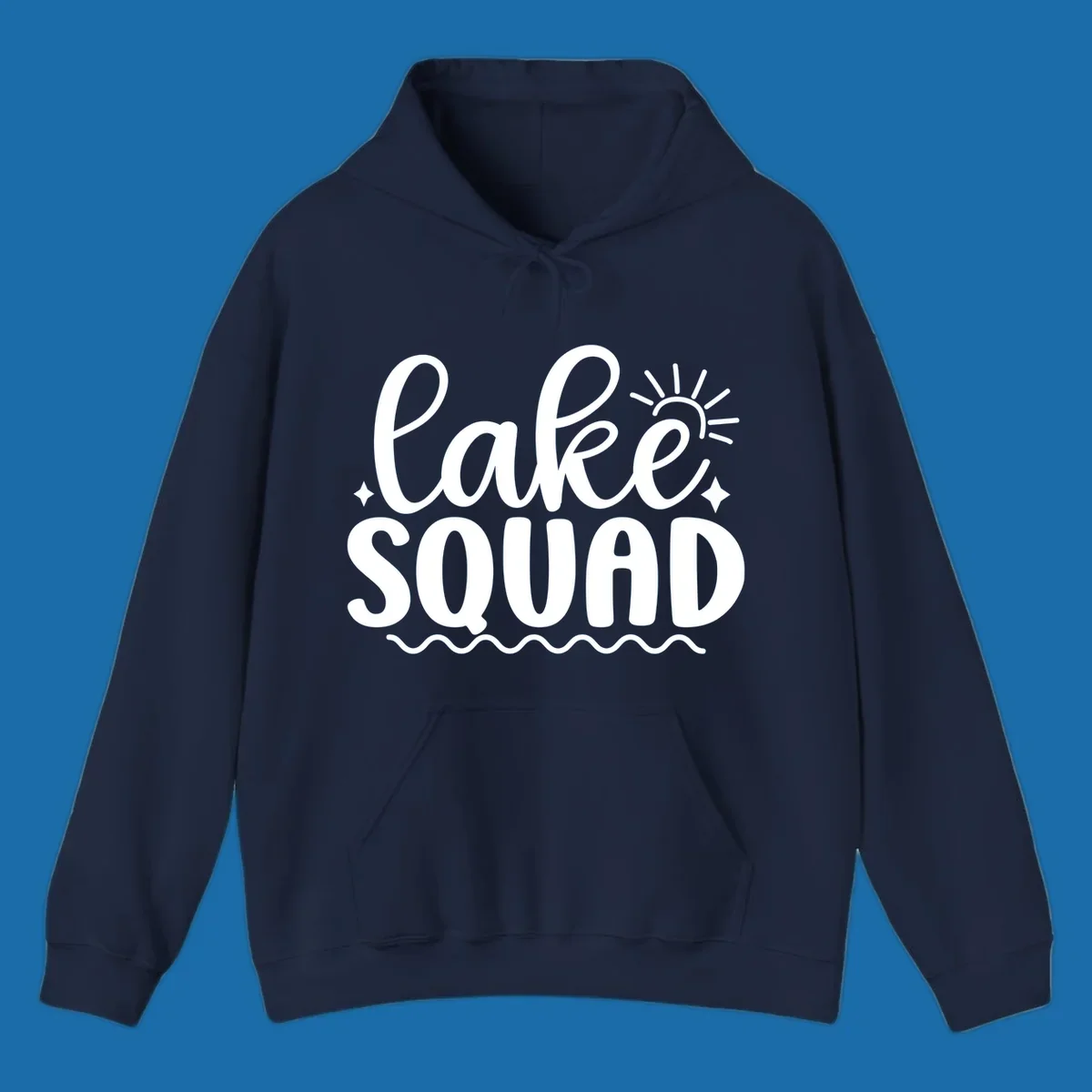 Lake Squad text with sun and stars, white on black and black on white.