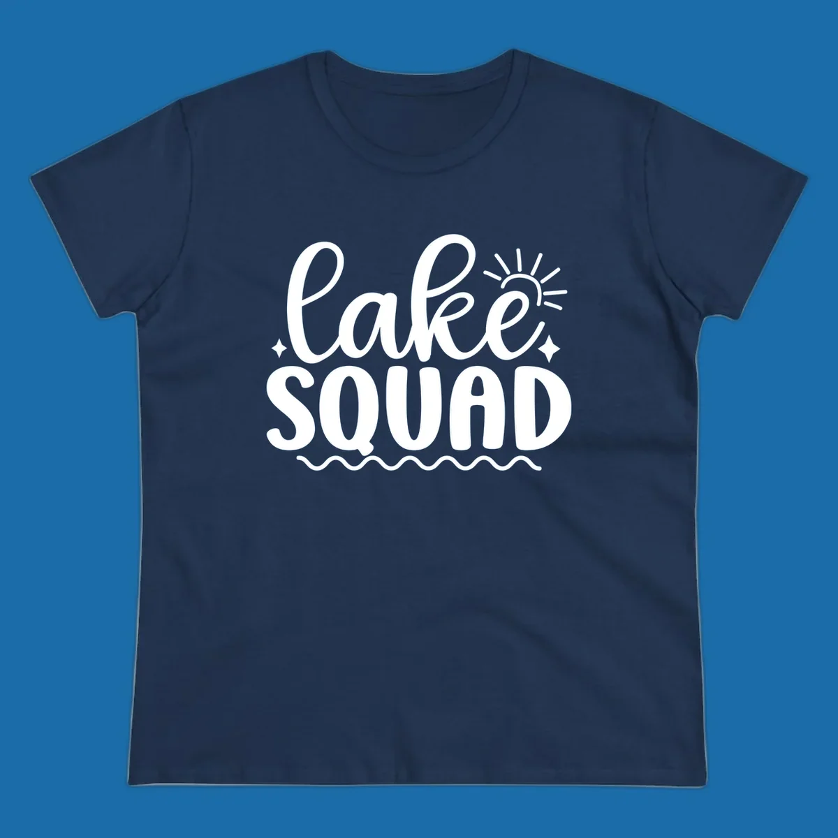Lake Squad text with sun and stars, white on black and black on white.