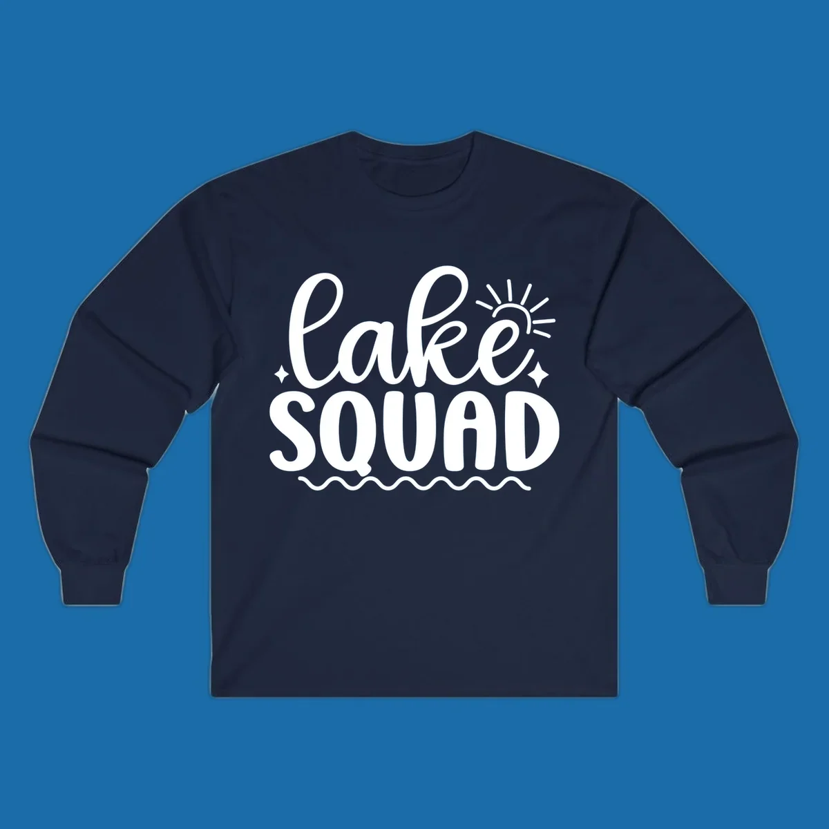 Lake Squad text with sun and stars, white on black and black on white.