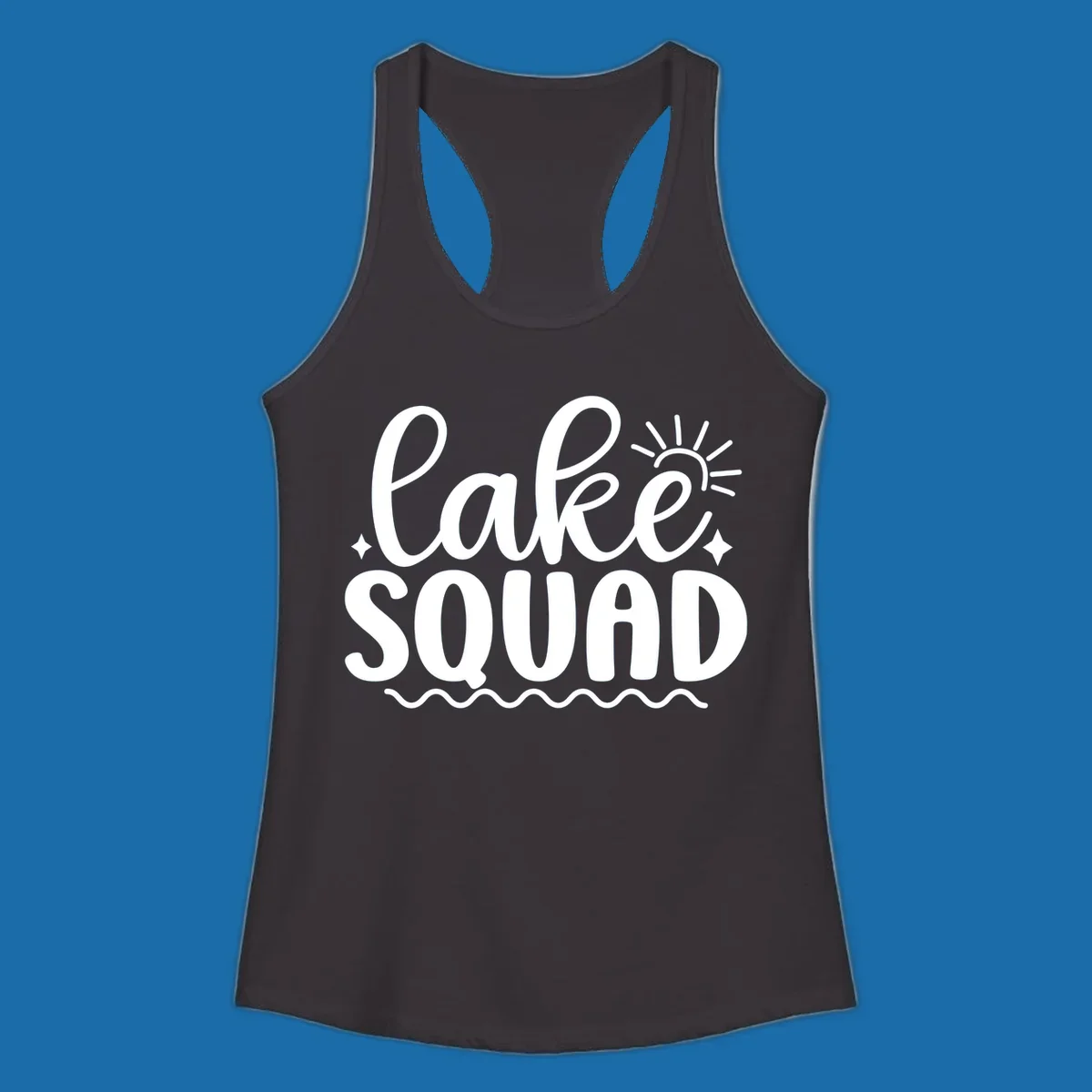 Lake Squad text with sun and stars, white on black and black on white.