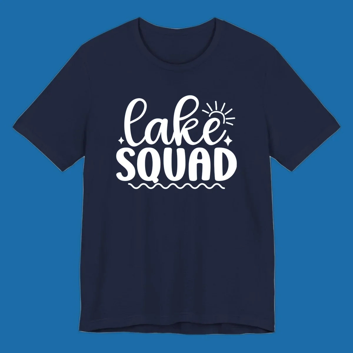 Lake Squad text with sun and stars, white on black and black on white.