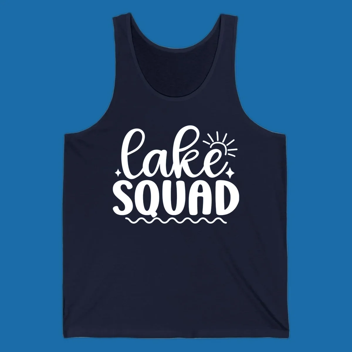 Lake Squad text with sun and stars, white on black and black on white.