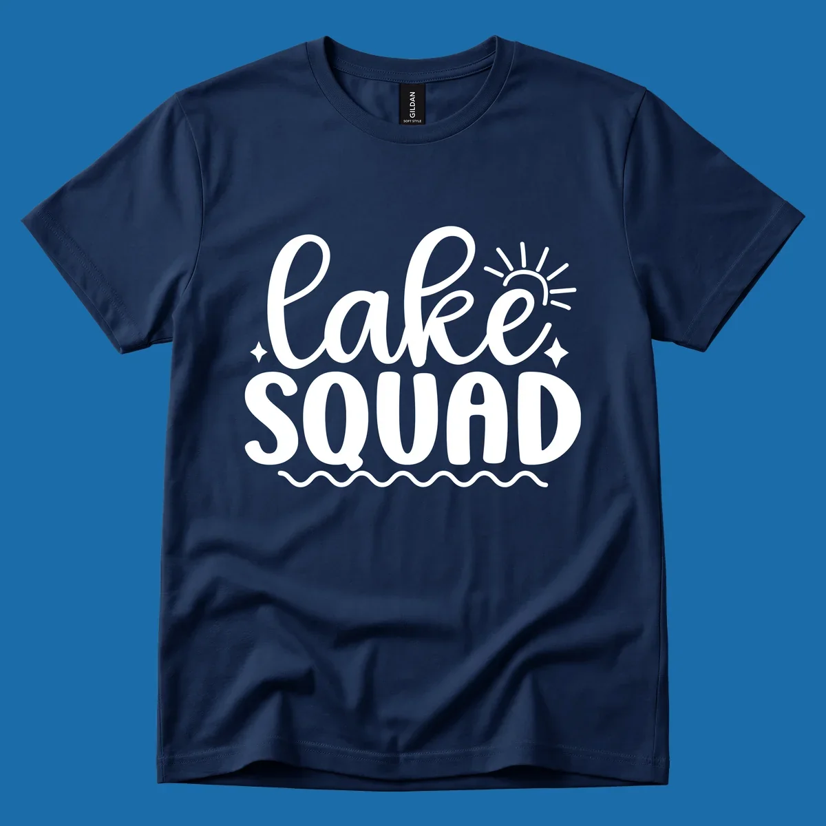 Lake Squad text with sun and stars, white on black and black on white.