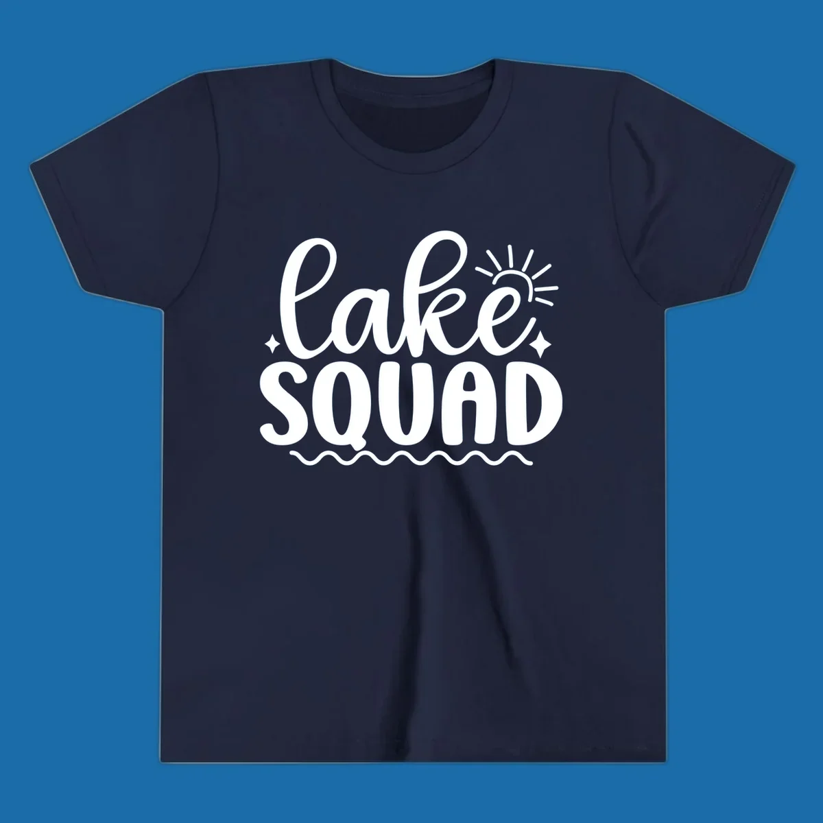 Lake Squad text with sun and stars, white on black and black on white.