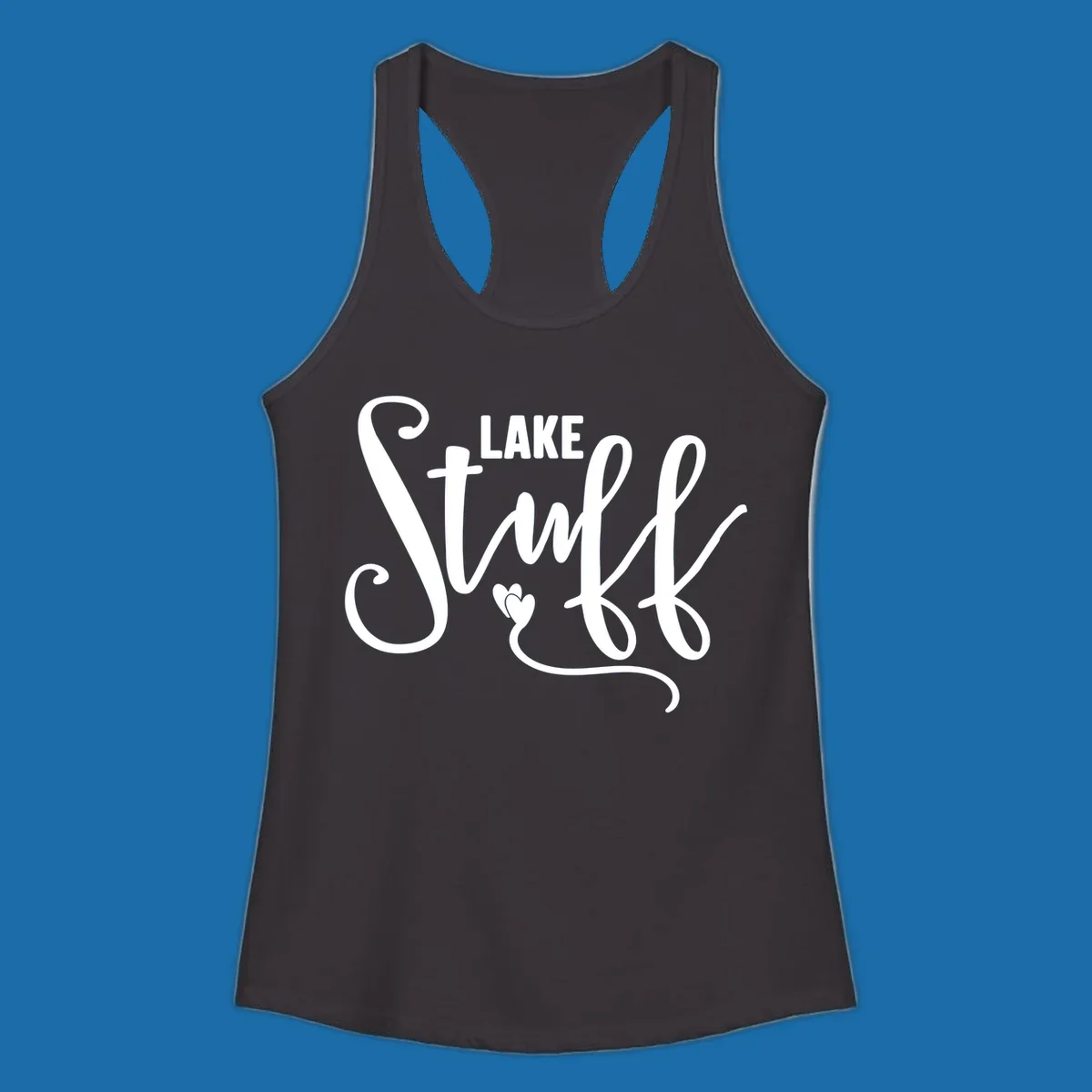 White text 'LAKE Stuff' with a heart detail, on a black background.