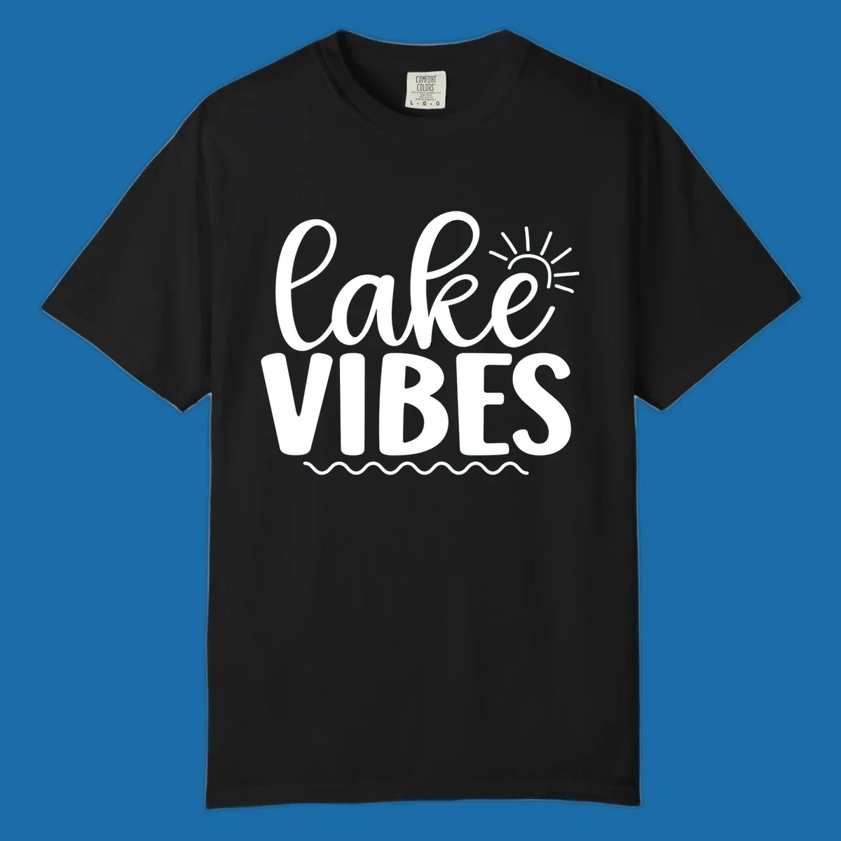 White text 'lake VIBES' with sun and wavy lines, for lake-day apparel.