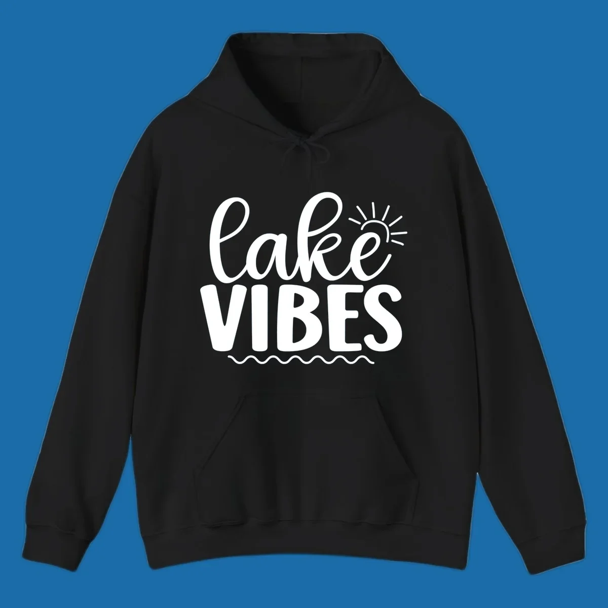 White text 'lake VIBES' with sun and wavy lines, for lake-day apparel.